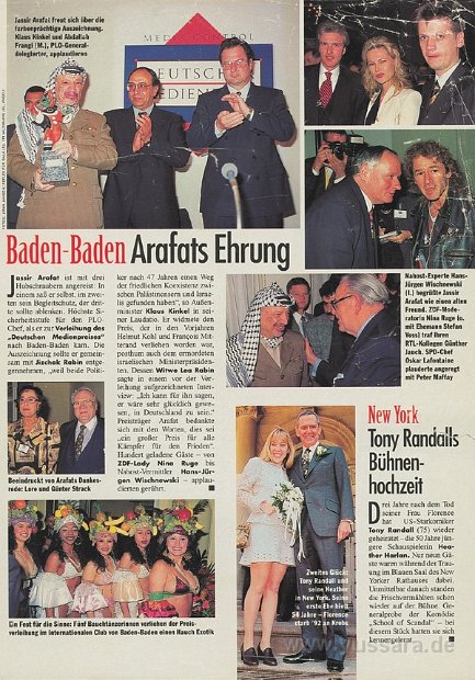 Zeitschrift Gala. Ein Fest für die Sinne. Yussara verlieh der Preisverleihung an Jassir Arafat im Internationalen Club von Baden-Baden einen hauch Exotik.